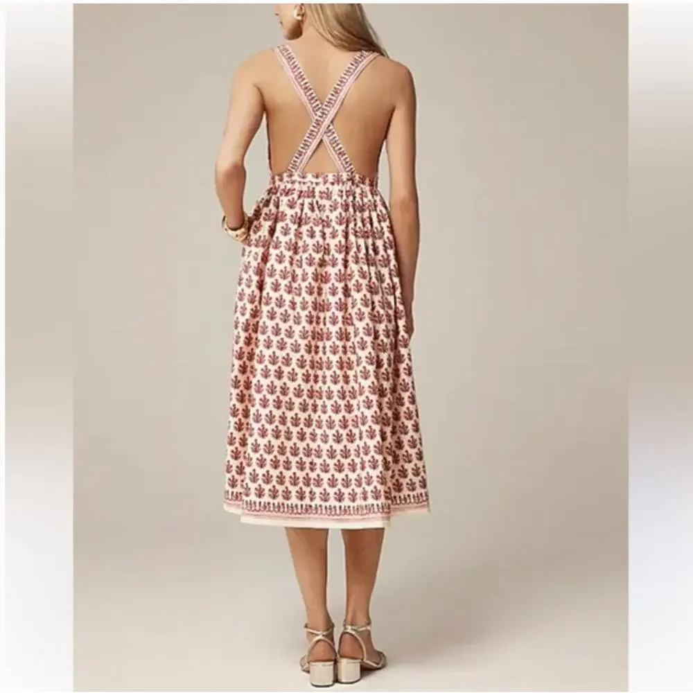 J Crew Apron Midi Dress 8 Red Block Print Foral NWT CK832 J.Crew Boho Western